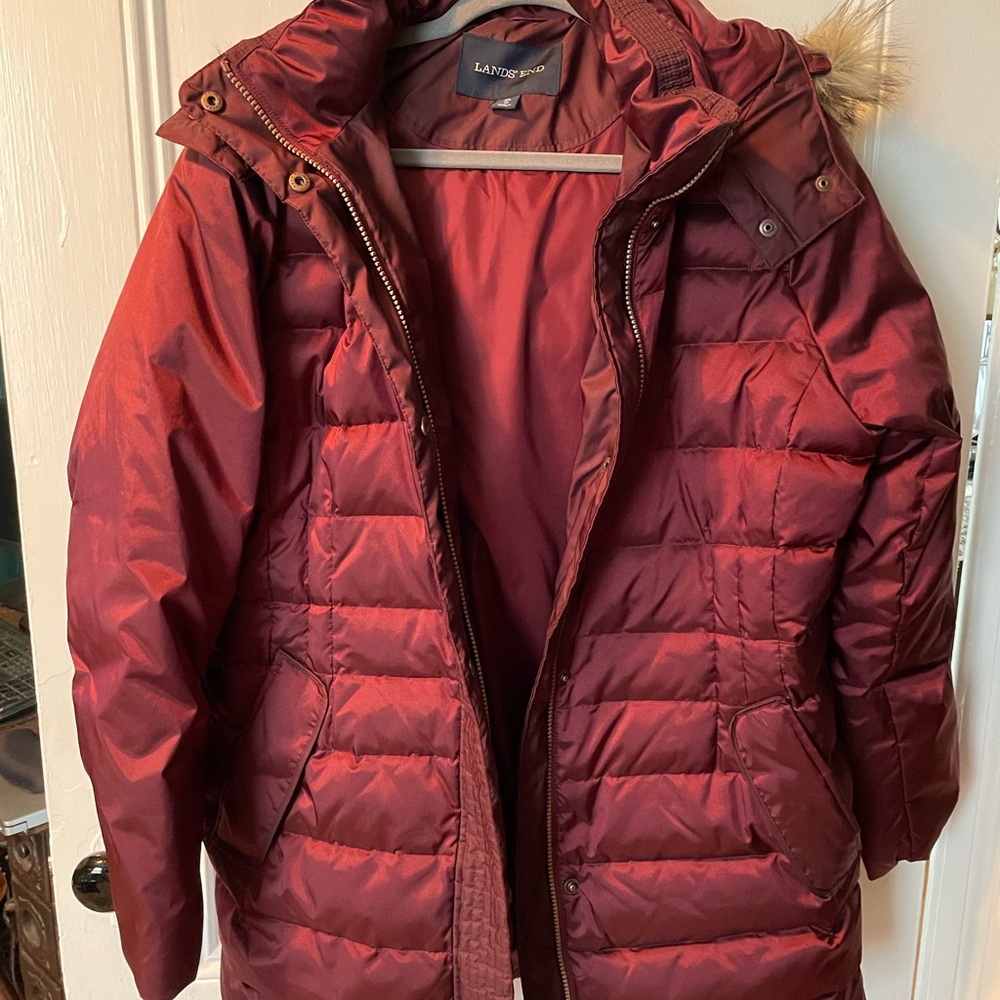 Lands' End Red Puffer Jacket with Hood and Quilted Design
